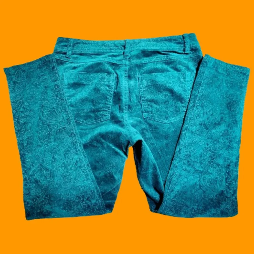ELLE Women’s Teal Paisley Corduroy Pants Size 10 Regular Cotton Stretch Casual - Picture 2 of 9